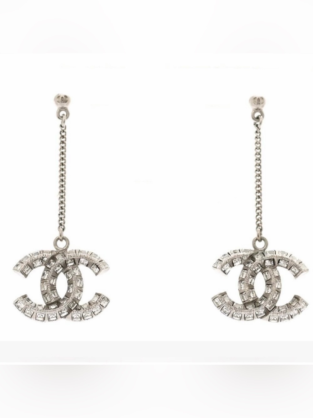 CHANEL Classic  Silver Crystal Chain Double C Drop Earrings. ✨